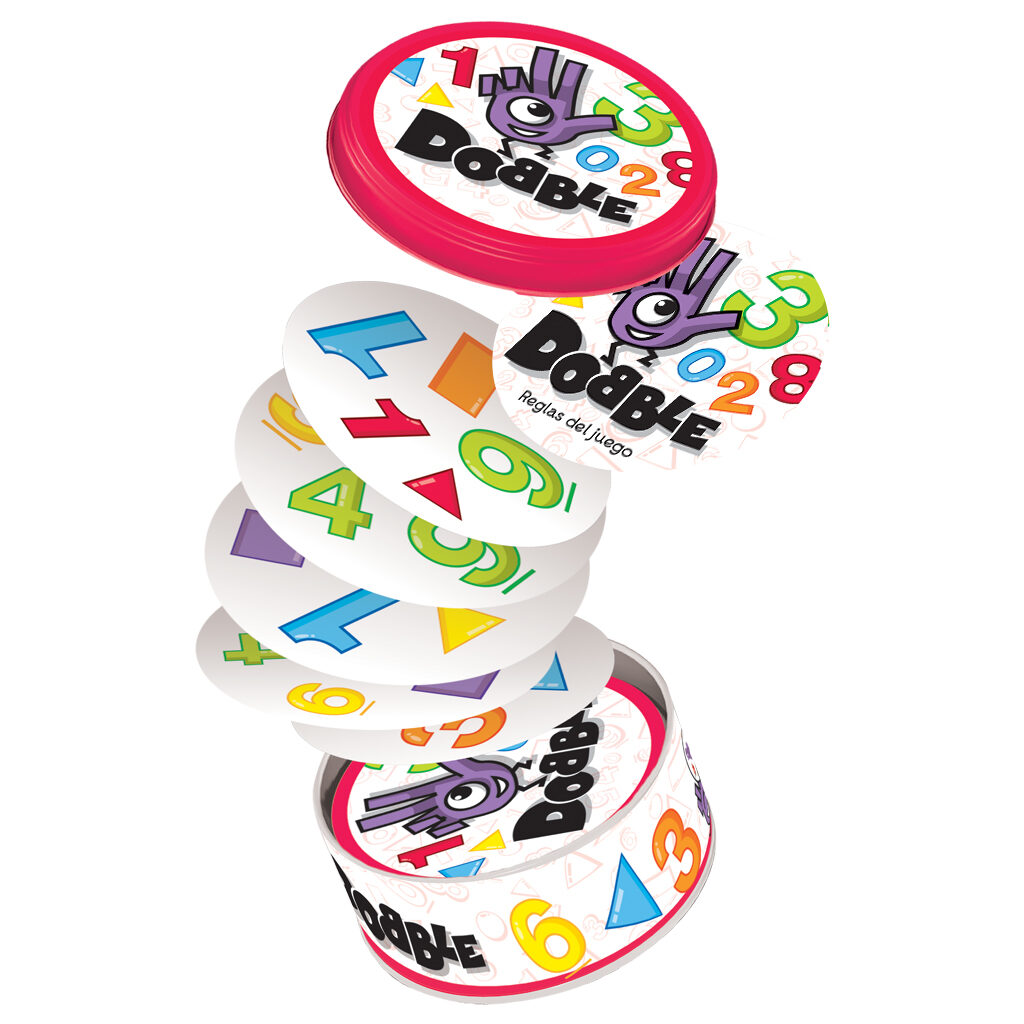Jogo Dobble Formas e Números Jogo Dobble cartas redondas coloridas e embalagem metálica redonda