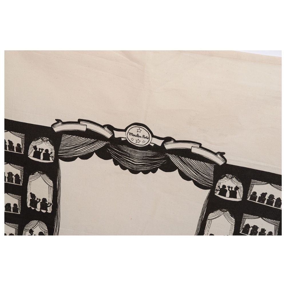 Teatro de Sombras Tecido bege com impressão de teatro preto e texto 'Moulin à Par'