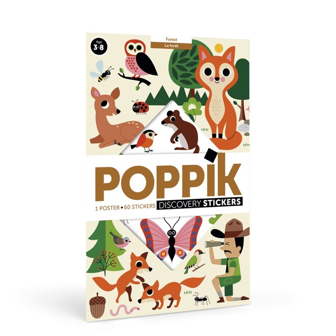 Poster Gigante Autocolantes - Bosque Embalagem do POPPIK DISCOVERY STICKERS com ilustrações de animais da floresta e texto informativo
