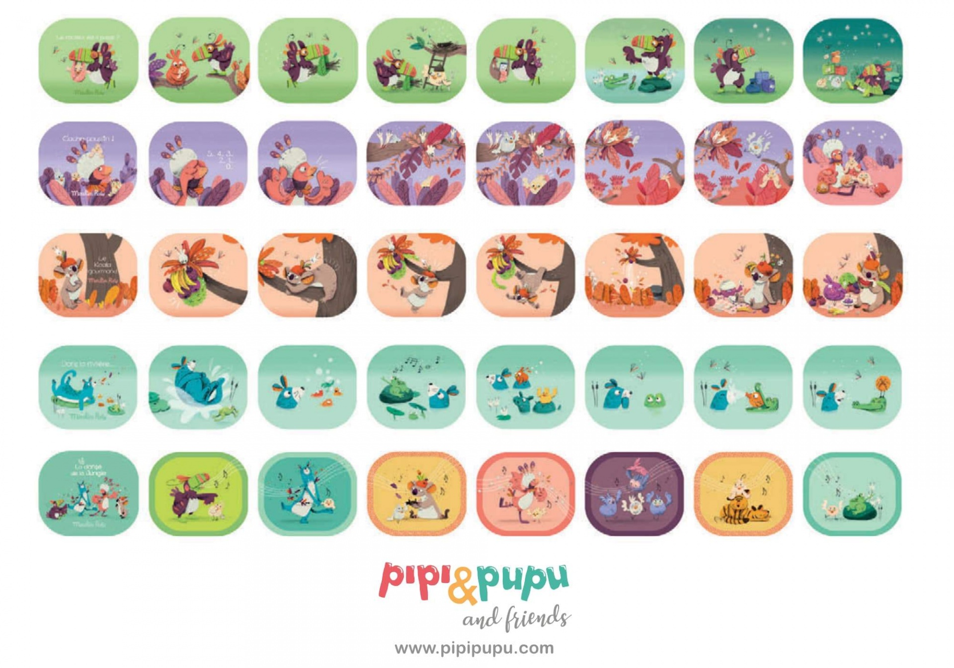 Ícones quadrados coloridos com ilustrações de animais e texto pipi&pupu and friends