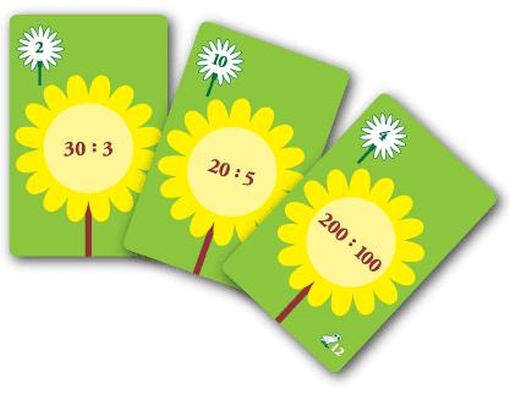 Divisão - Jogos Matemáticos Cartas educativas verdes com flores amarelas mostrando operações matemáticas