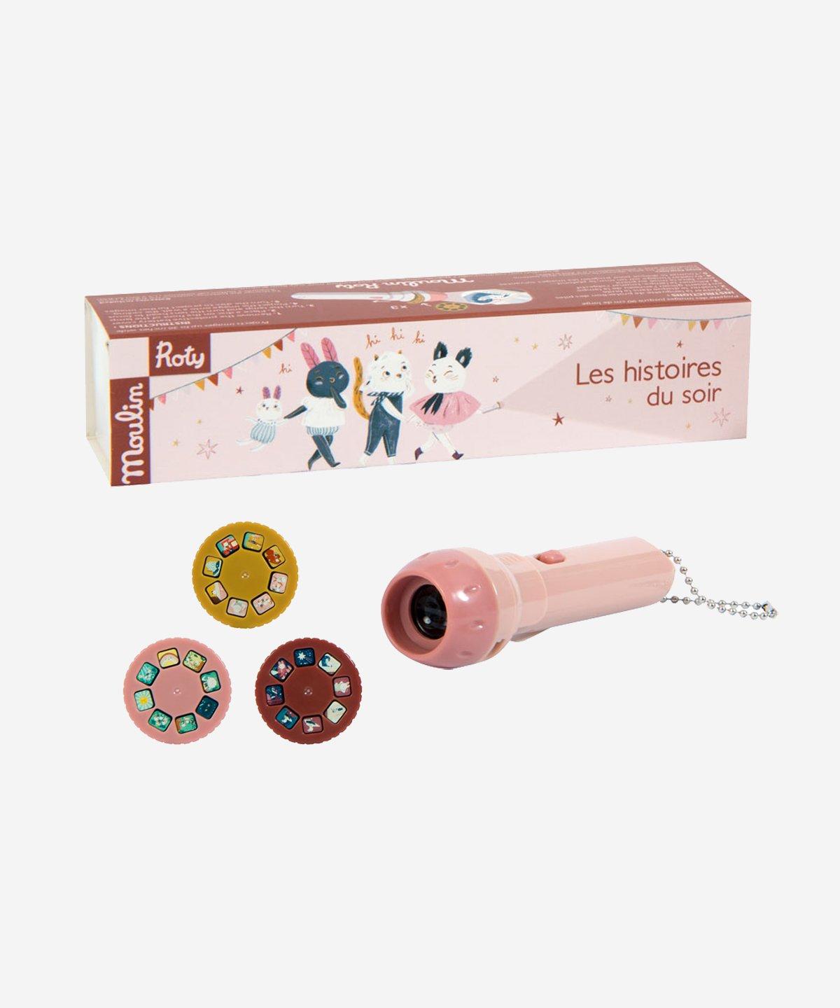 Lanterna histórias da Noite - Après La Pluie Projetor de histórias infantil rosa com discos e caixa ilustrada