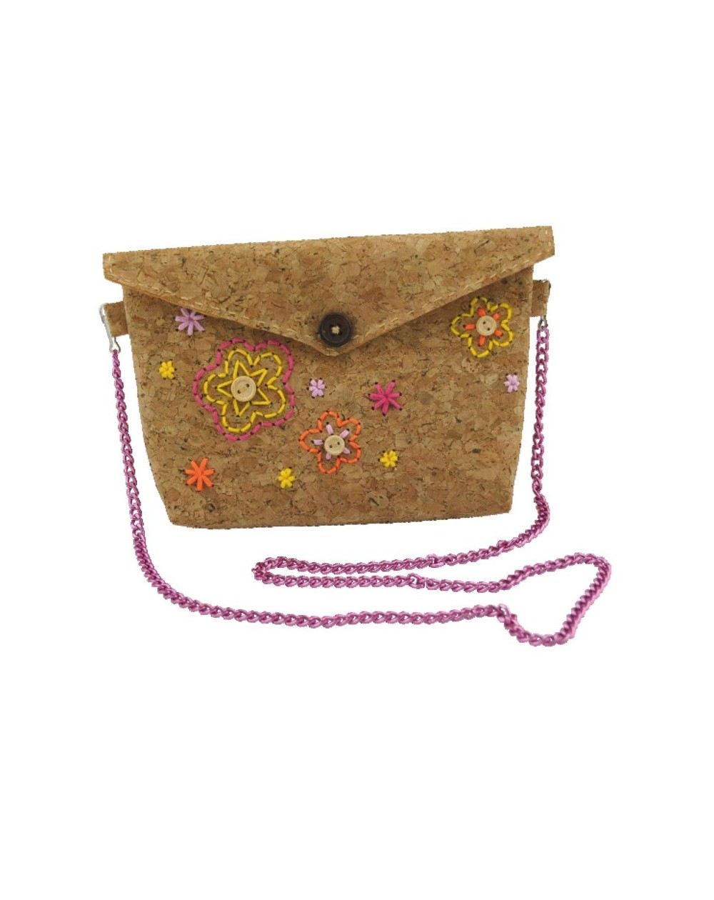 Faz a Tua Mala Cortiça Mala envelope em cortiça com bordados de flores e alça rosa