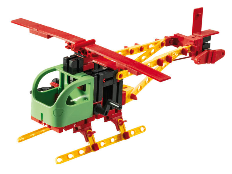 Laboratório Experiências CTEM - Máquinas Simples Modelo de helicóptero de construção em plástico verde, vermelho e amarelo