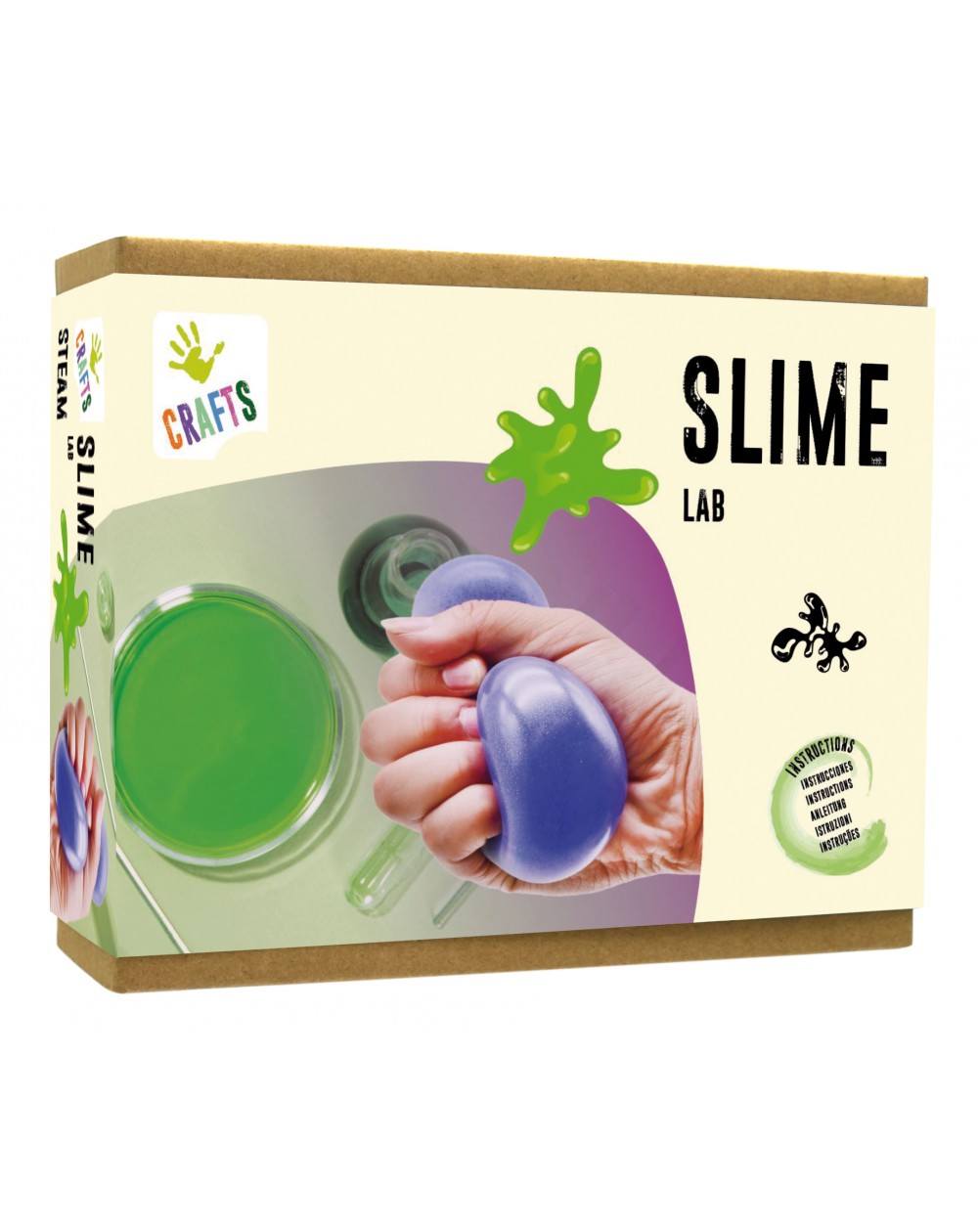 Laboratório de Slime Caixa de kit para fazer slime com imagem de mão a apertar slime roxo