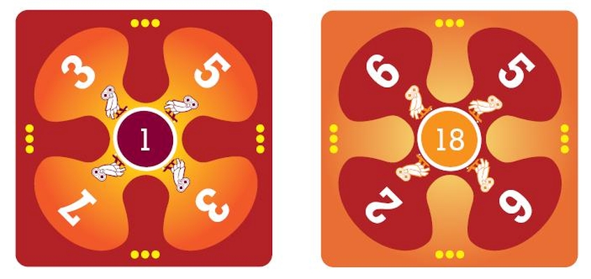 Calculus 24 B - Jogos Matemáticos Dois tabuleiros de jogo quadrados com cores vermelhas, laranjas e amarelas, números brancos e ratos desenhados