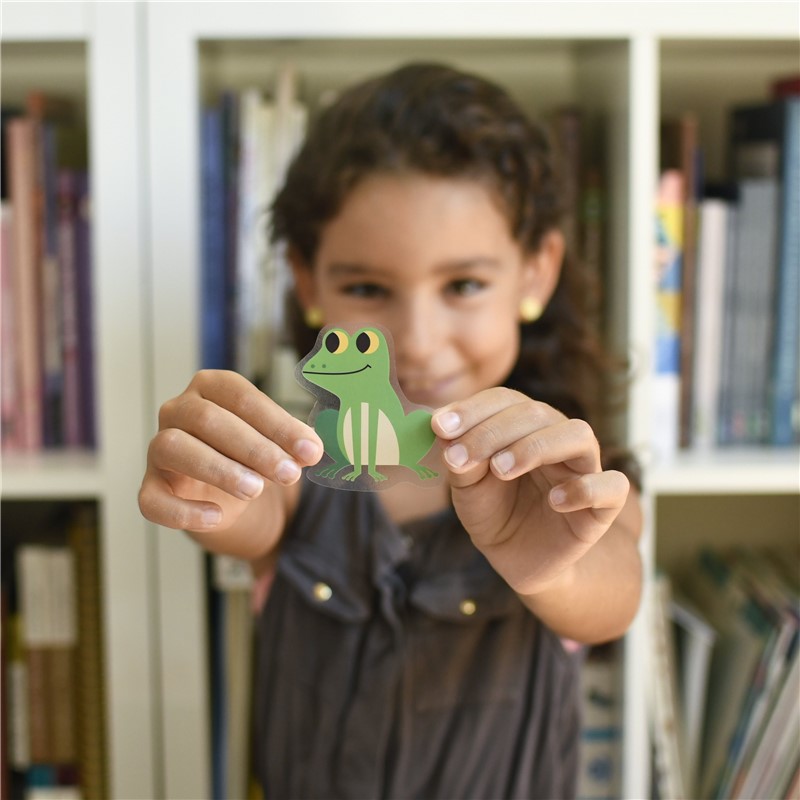 Poster Gigante Autocolantes - Bosque Menina segura figura de rã verde em frente a estante de livros
