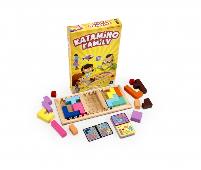 Jogo Katamino Family Jogo Katamino Family com peças geométricas coloridas em tabuleiro de madeira e caixa amarela