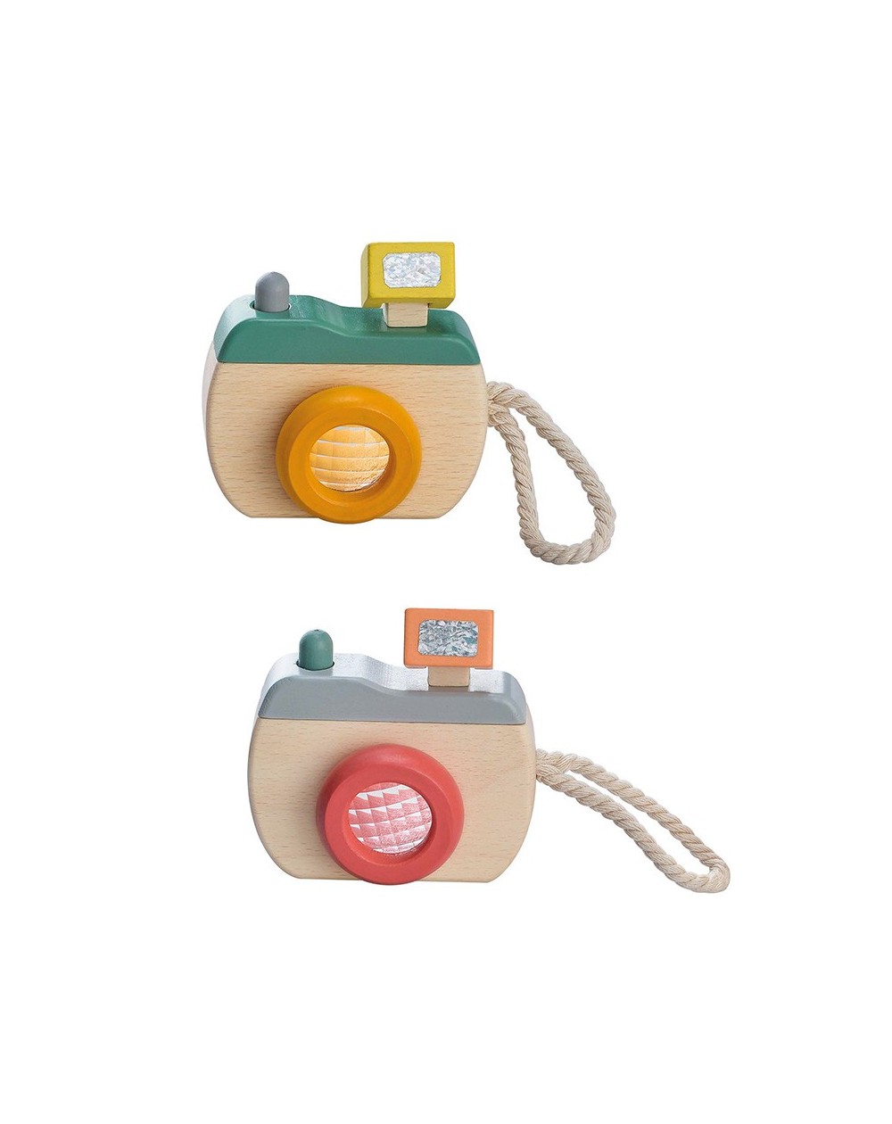 Máquina Fotográfica de Madeira Duas câmaras de brinquedo em madeira com cordão branco para pendurar, com detalhes coloridos em verde, amarelo, laranja, cinzento e vermelho.