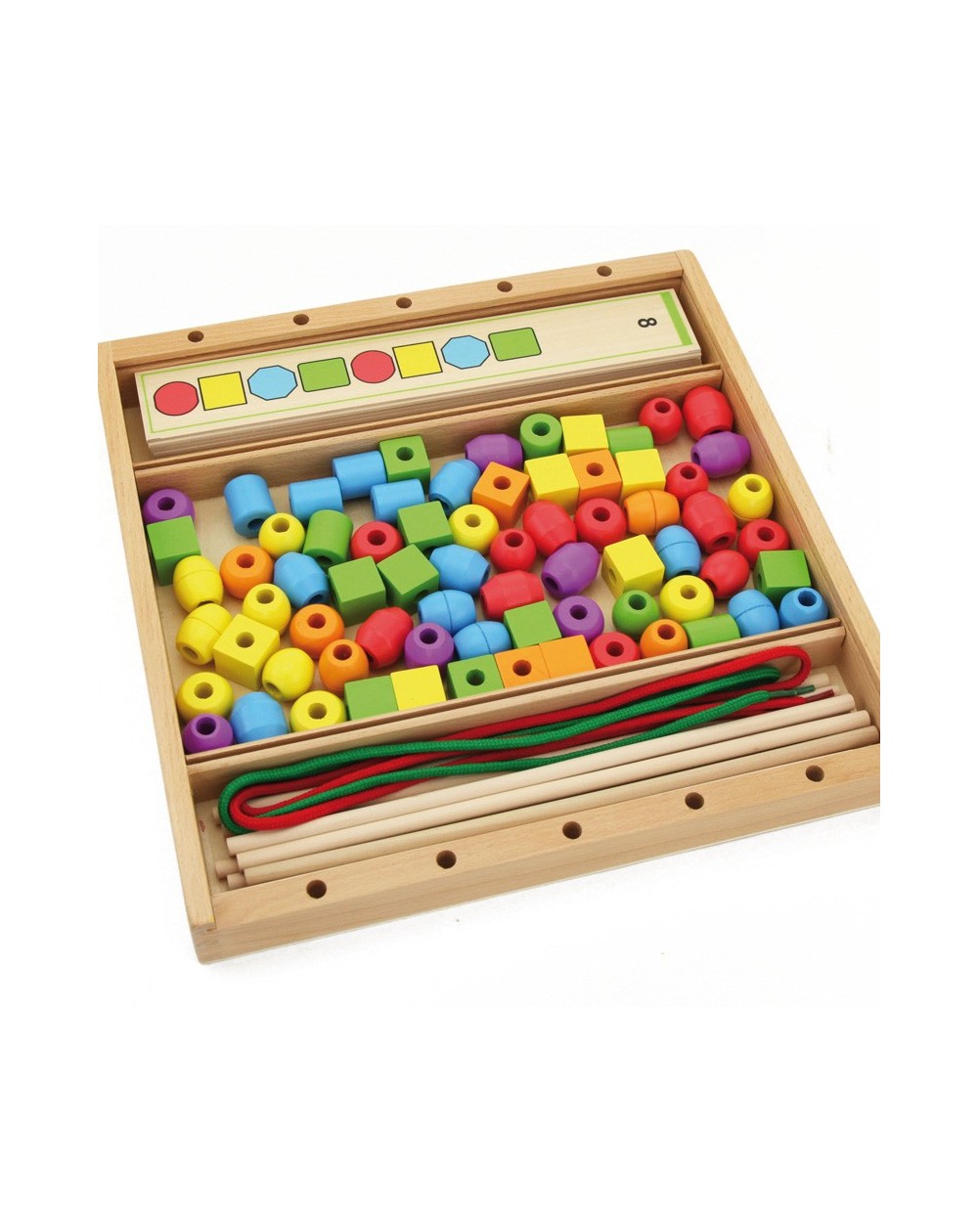 Formas para Encaixe - 92 Peças Conjunto de brinquedo educacional com contas coloridas e cordões em caixa de madeira