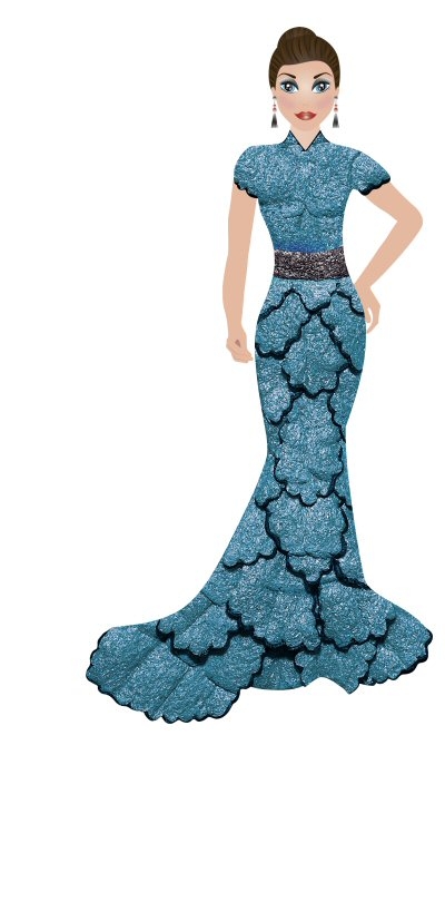 Tip Caixa Style Vestido comprido azul com padrão escamas e cinto brilhante