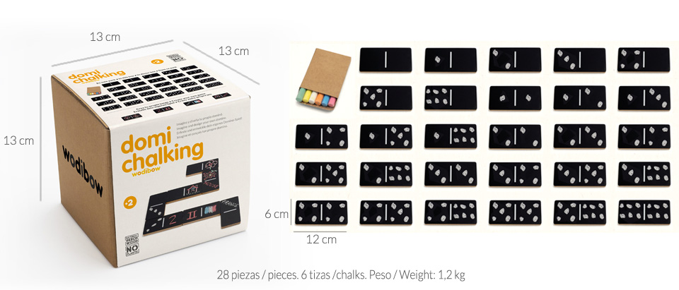 Domi Chalking Conjunto de dominó preto com peças brancas e giz colorido em caixa.