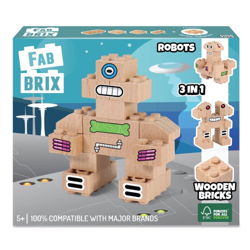 Fab Brix - Robots 16 Peças Caixa do brinquedo FAB BRIX com peças de madeira para montar robô