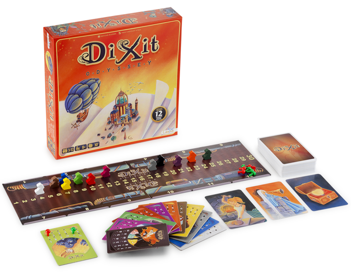Jogo Dixit Odyssey Jogo de tabuleiro Dixit Odyssey com caixa, peões, cartas e tabuleiro coloridos