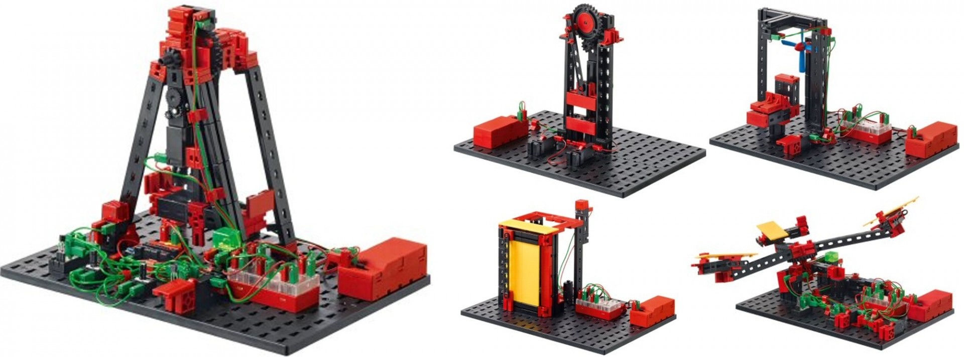 Laboratório Experiências CTEM - Eletrónica Conjunto de peças de construção mecânicas em bases pretas sobre fundo branco