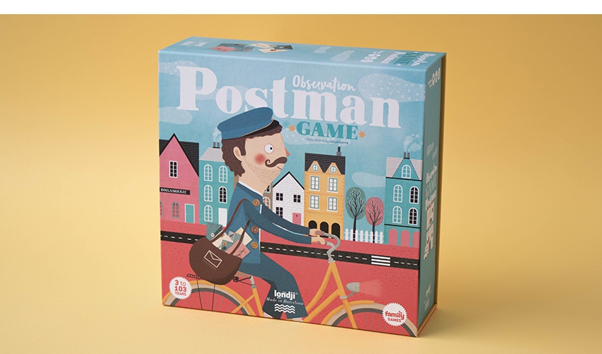 Jogo O Carteiro Caixa do jogo Postman Observation com ilustração de carteiro numa bicicleta.