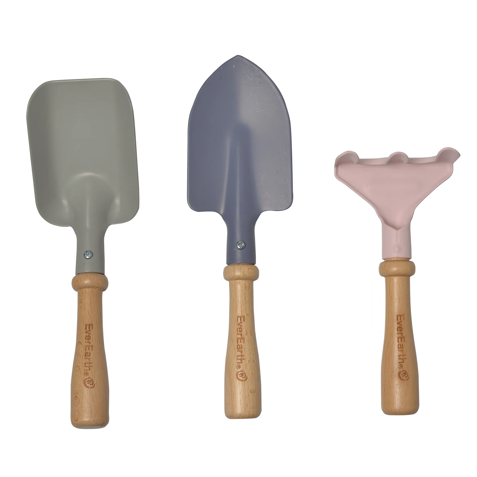 Bolsa de jardinagem com Ferramentas Três ferramentas de jardim com cabos de madeira e lâminas coloridas sobre fundo branco.