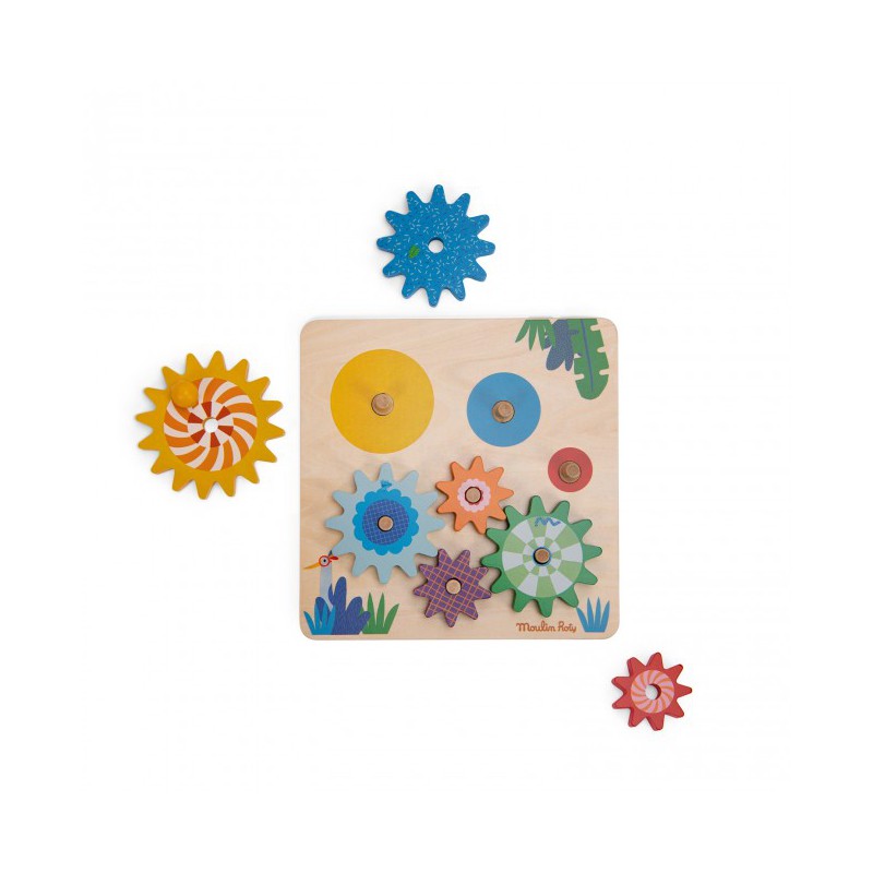 Conjunto de engrenagens - Moulin Roty Brinquedo educativo de madeira com engrenagens coloridas em base quadrada