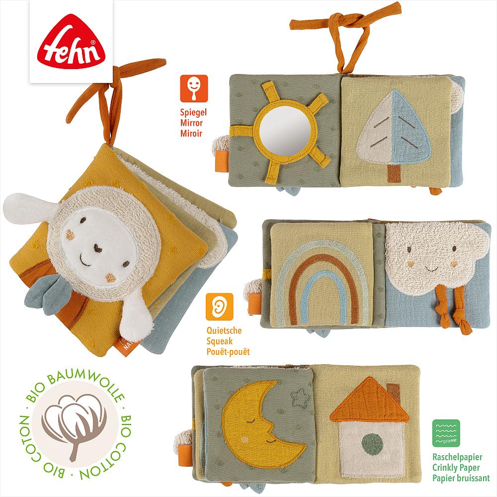 Livro Suave ovelha fehnNATUR Livro de tecido colorido com elementos naturais e texturas para bebés