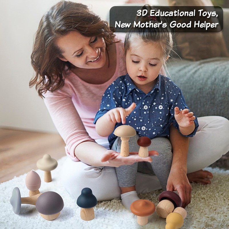 Set de Cogumelos 24 Pcs Brinquedos educativos 3D de madeira com forma de cogumelos coloridos, mulher e criança sentadas no tapete