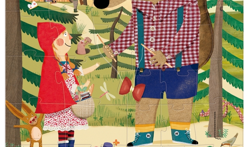 Puzzle Capuchinho Vermelho Puzzle ilustrado com uma rapariga de capa vermelha e um homem com camisa xadrez e calções azuis na floresta