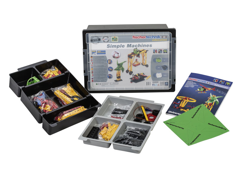 Laboratório Experiências CTEM - Máquinas Simples Conjunto educacional fischer technik Simple Machines com peças plásticas organizadas em caixa preta