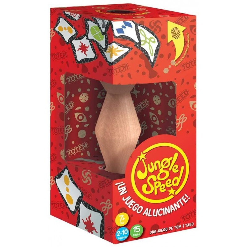 Jogo Jungle Speed Eco Embalagem vermelha com objeto de madeira em forma de vaso visível e texto 'Jungle Speed'