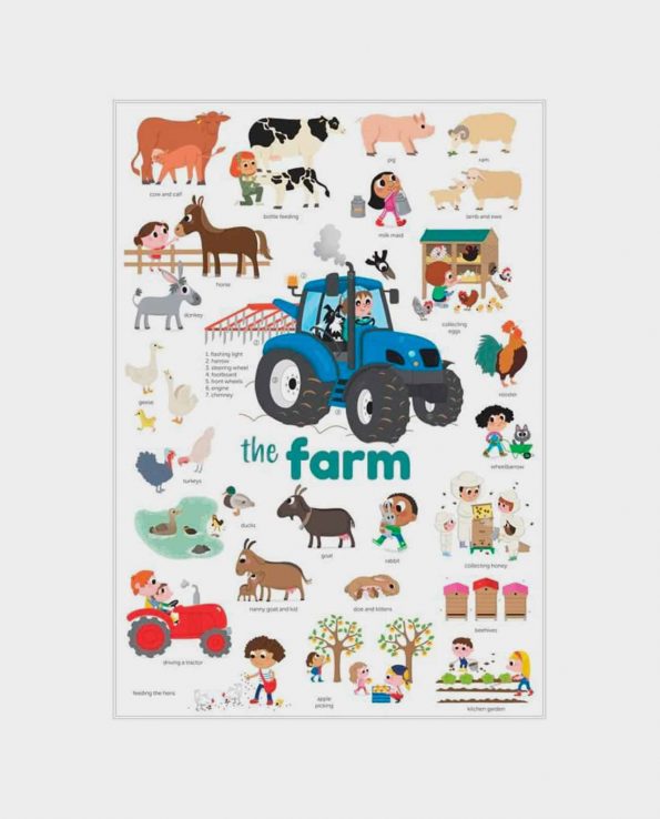 Mini Poster Quinta da Poppik Cartaz infantil colorido com desenhos de animais de quinta e tratores com texto em inglês