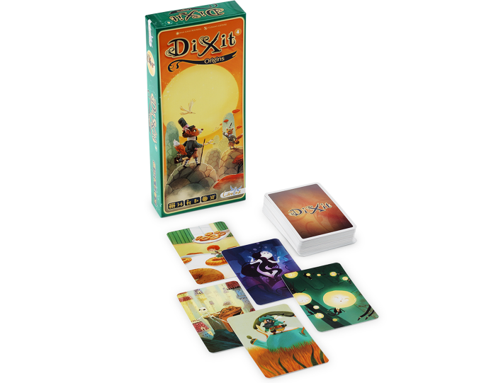 Jogo Dixit 4 - Origins Caixa e cartas do jogo Dixit com ilustrações coloridas e fantasiosas