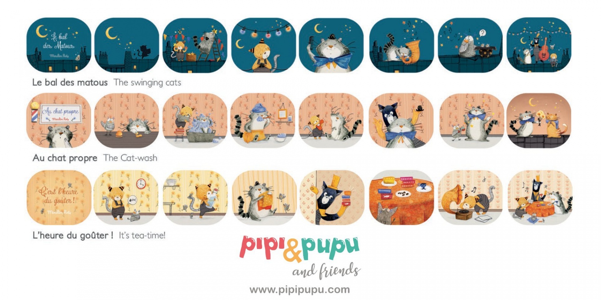 Ilustrações de gatos em diferentes cenários com textos em francês e inglês e logotipo colorido