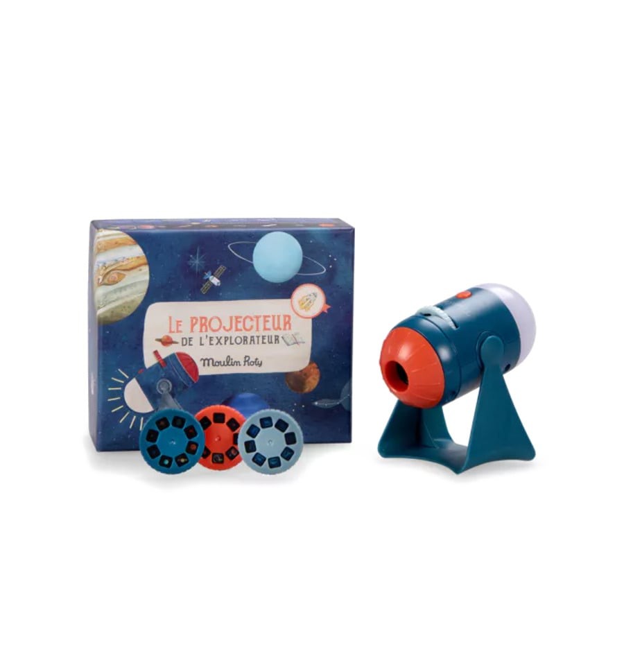 Projetor Moulin Roty Projetor de brinquedo com discos e caixa temática espacial.