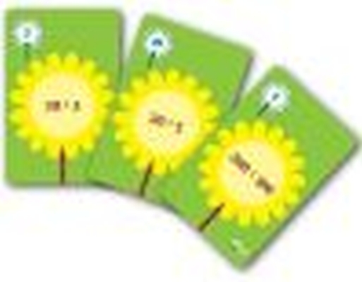 Divisão - Jogos Matemáticos Três cartas verdes com girassóis amarelos e números