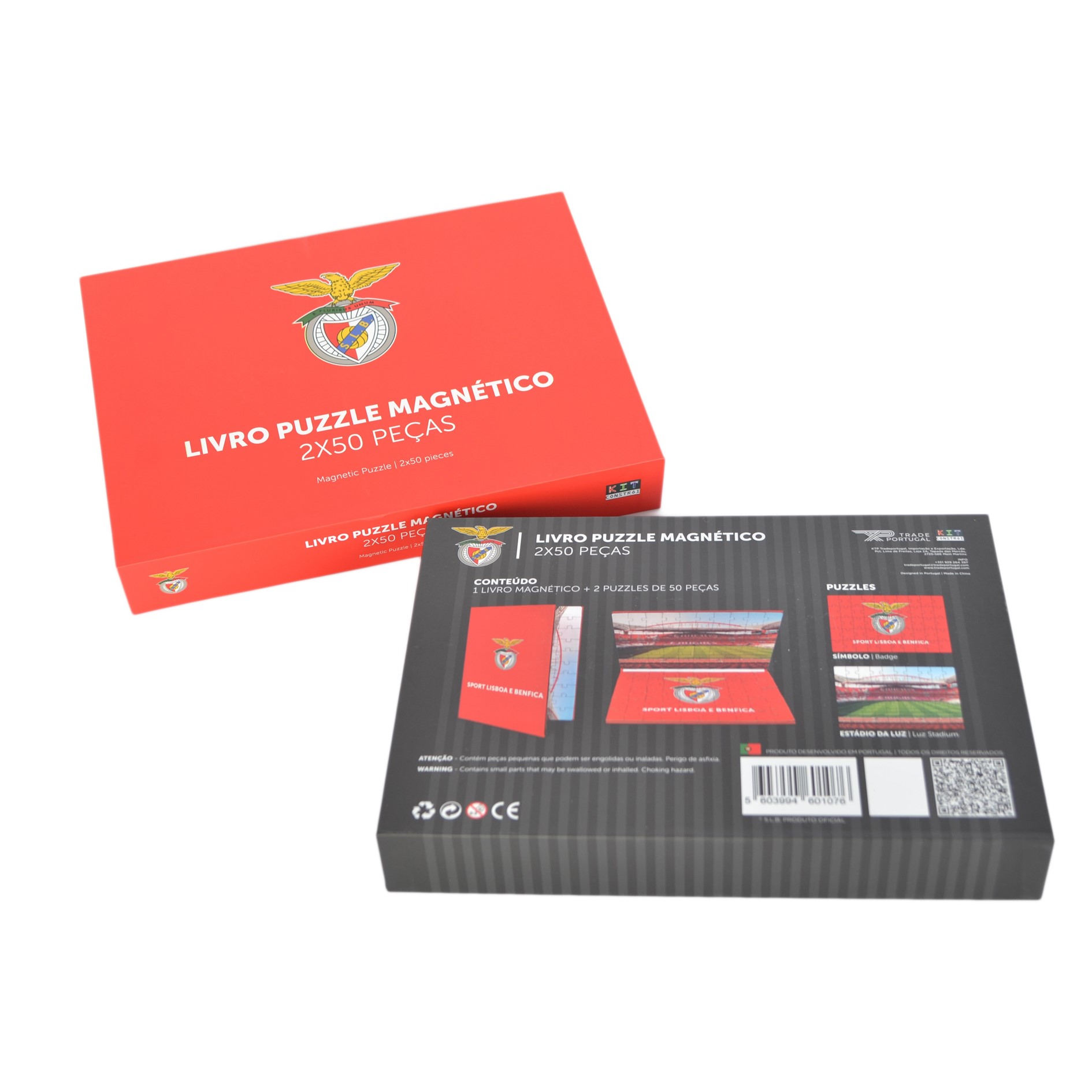 Livro Puzzle Magnético Benfica Caixas de quebra-cabeças magnéticos, uma vermelha com texto e outra cinza com imagens e texto