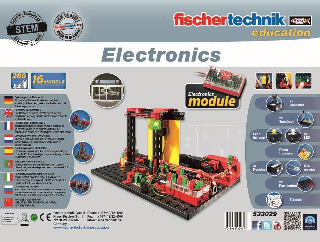 Laboratório Experiências CTEM - Eletrónica Kit educativo fischertechnik Electronics com modelo eletrônico colorido e texto multilíngue na embalagem.