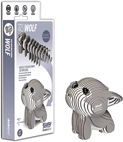 Lobo Eugy Modelo 3D de lobo em cartão cinzento com 40 peças e embalagem
