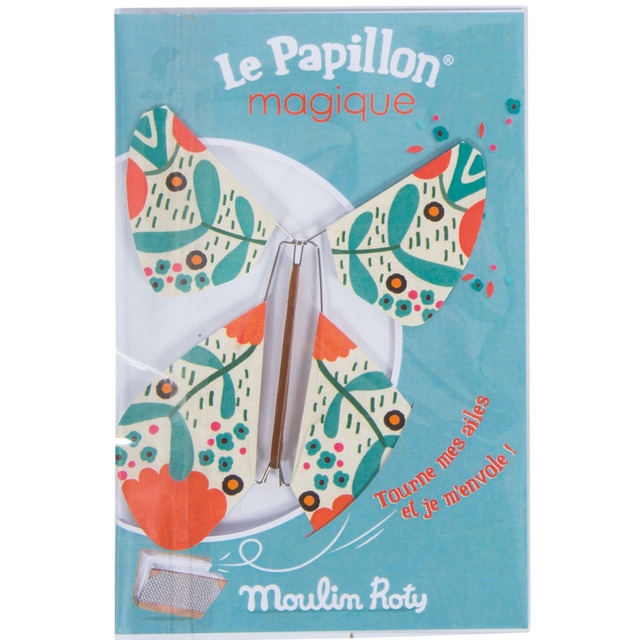 Borboletas Mágicas Embalagem azul com borboleta de papel floral e texto em francês