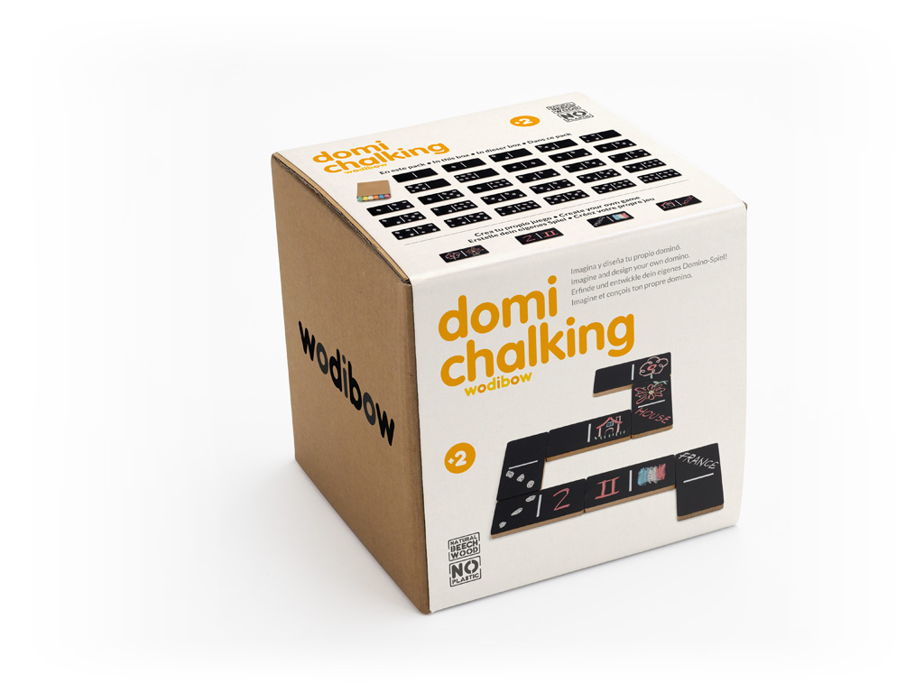 Domi Chalking Caixa de jogo de dominó domi chalking em cartão castanho e branco com texto amarelo e preto
