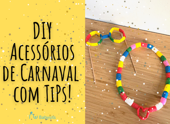 Colar e óculos coloridos de carnaval feitos com bolas e palitos sobre mesa de madeira