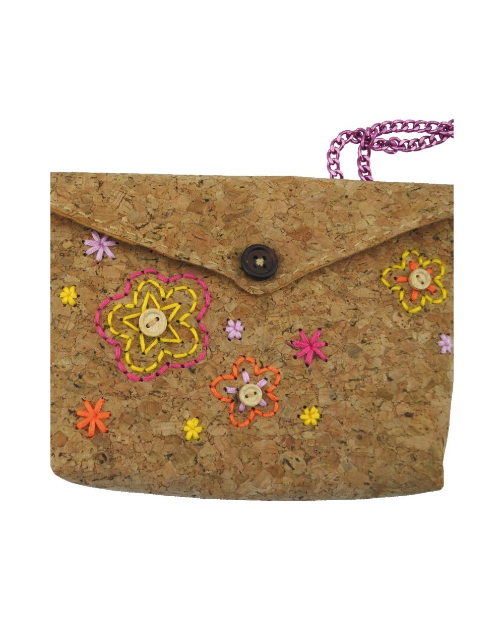 Faz a Tua Mala Cortiça Mala pequena de cortiça com bordados florais coloridos e alça de corrente roxa