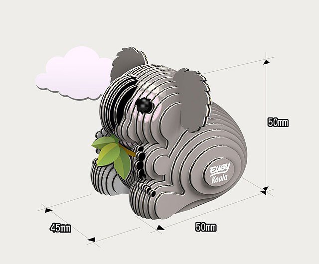 Koala Eugy Modelo 3D metálico de coala com folhas verdes e texto Elisy Koala