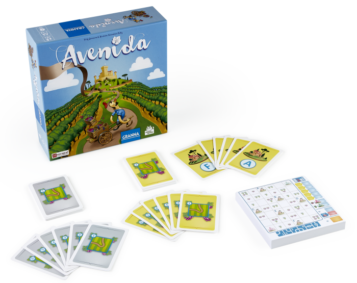 Jogo Avenida Jogo de cartas Avenida com caixa azul, cartas e tabuleiro