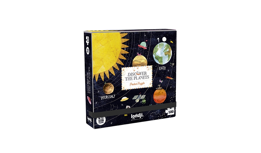 Puzzle Pocket Descobre o Planeta Caixa de jogo de tabuleiro com tema planetas e sol ilustrados no espaço.