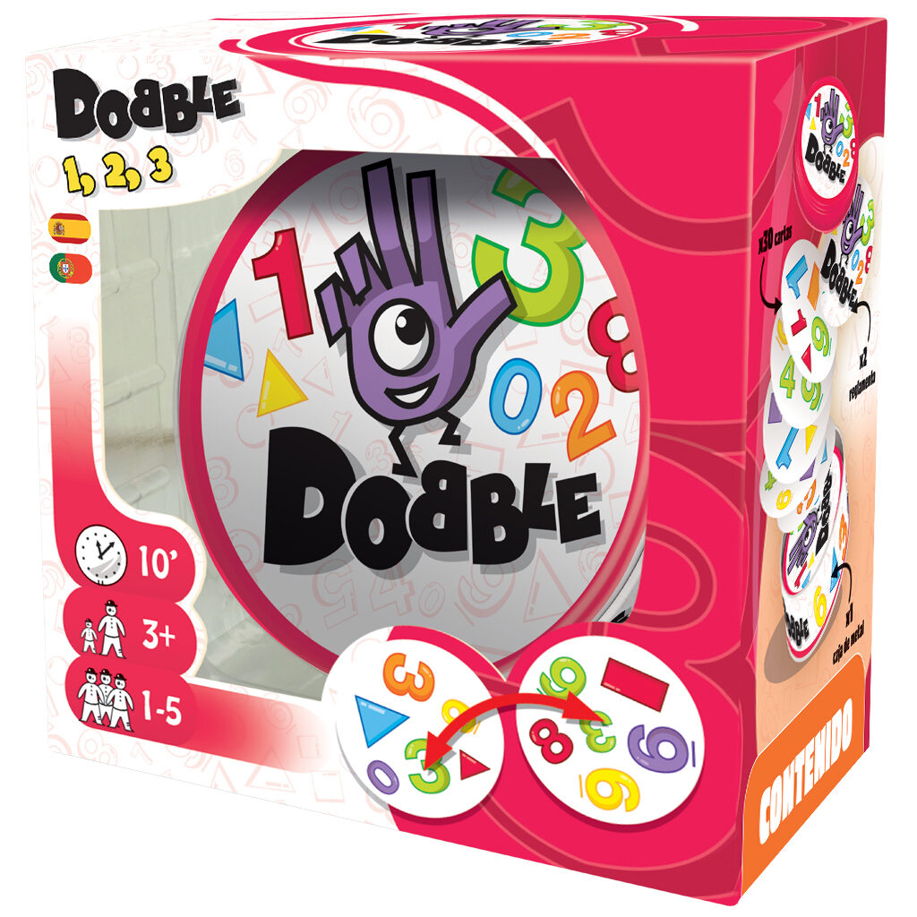 Jogo Dobble Formas e Números Caixa do jogo de cartas Dobble 1, 2, 3 com mão roxa e números coloridos