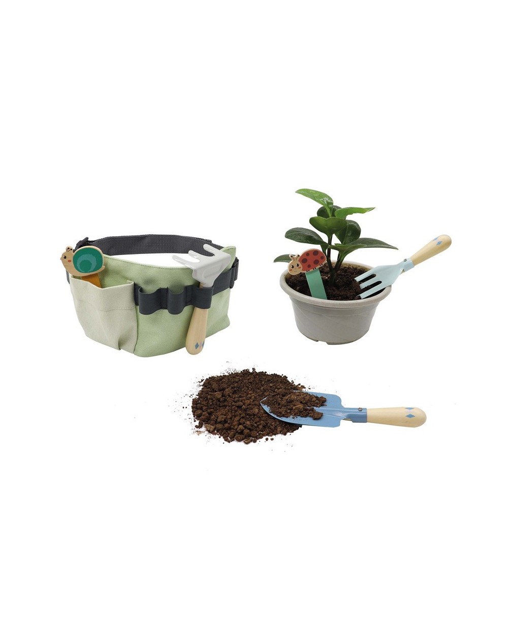 Cinto com Conjunto de Ferramentas de Jardim de Madeira Conjunto de jardinagem com ferramentas, bolsa e planta em vaso