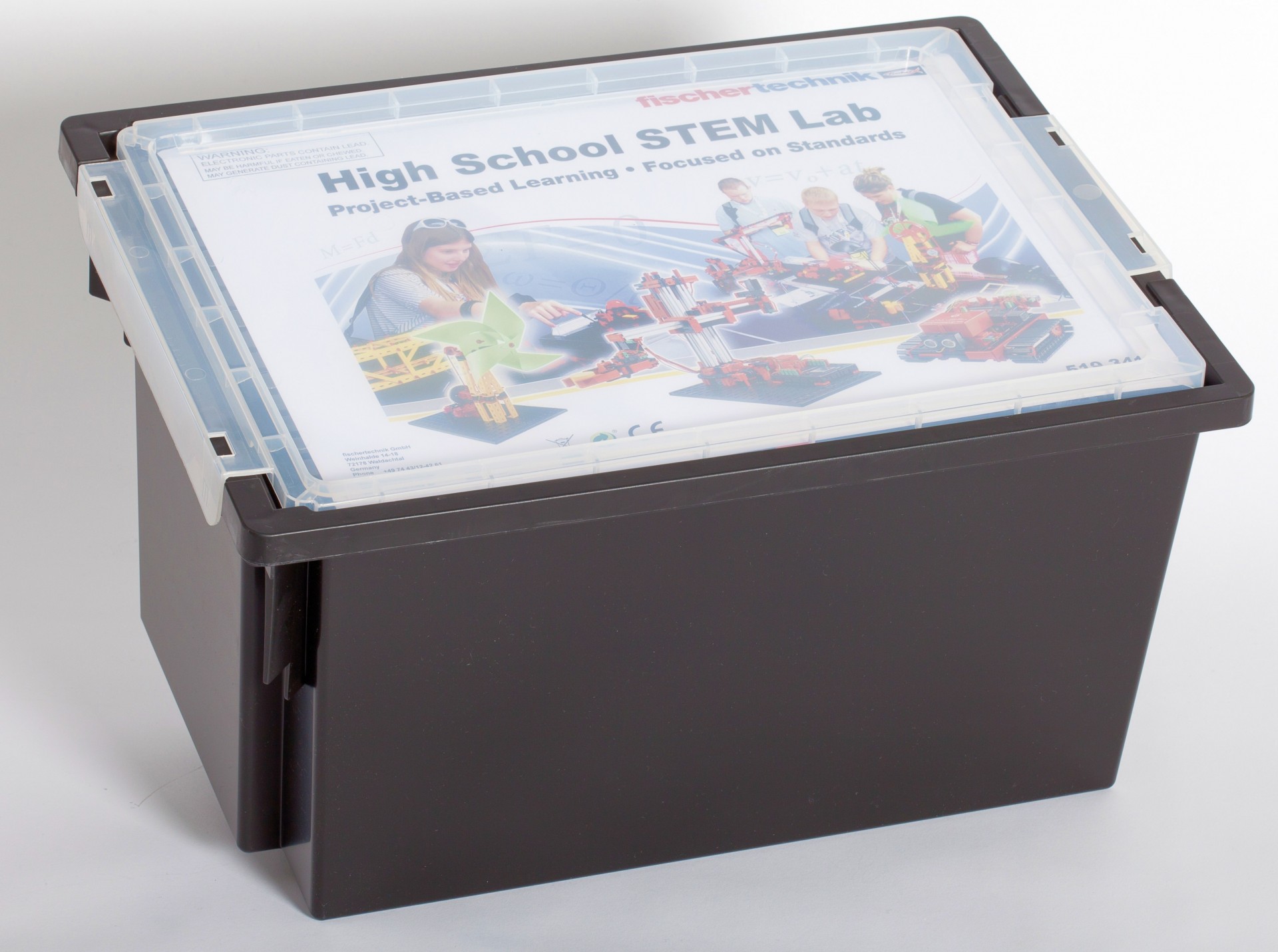 Laboratório STEM Fischertechnik Secundário Caixa preta com tampa transparente e manual de laboratório STEM para o ensino médio