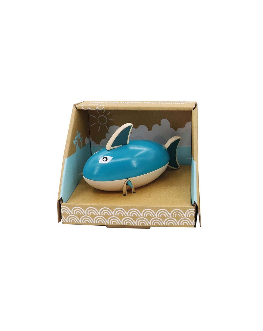 Tubarão-Baleia de Corda para Água Brinquedo de tubarão de madeira azul e bege em embalagem de cartão decorada