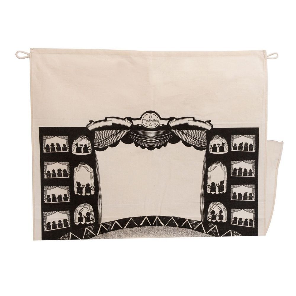 Teatro de Sombras Pano de cozinha com ilustração de palco de teatro em preto e bege