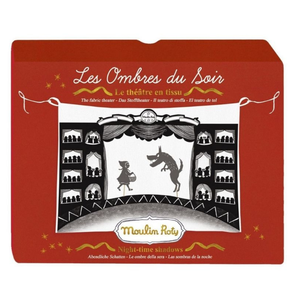Teatro de Sombras Embalagem vermelha com teatro de sombras e texto Les Ombres du Soir