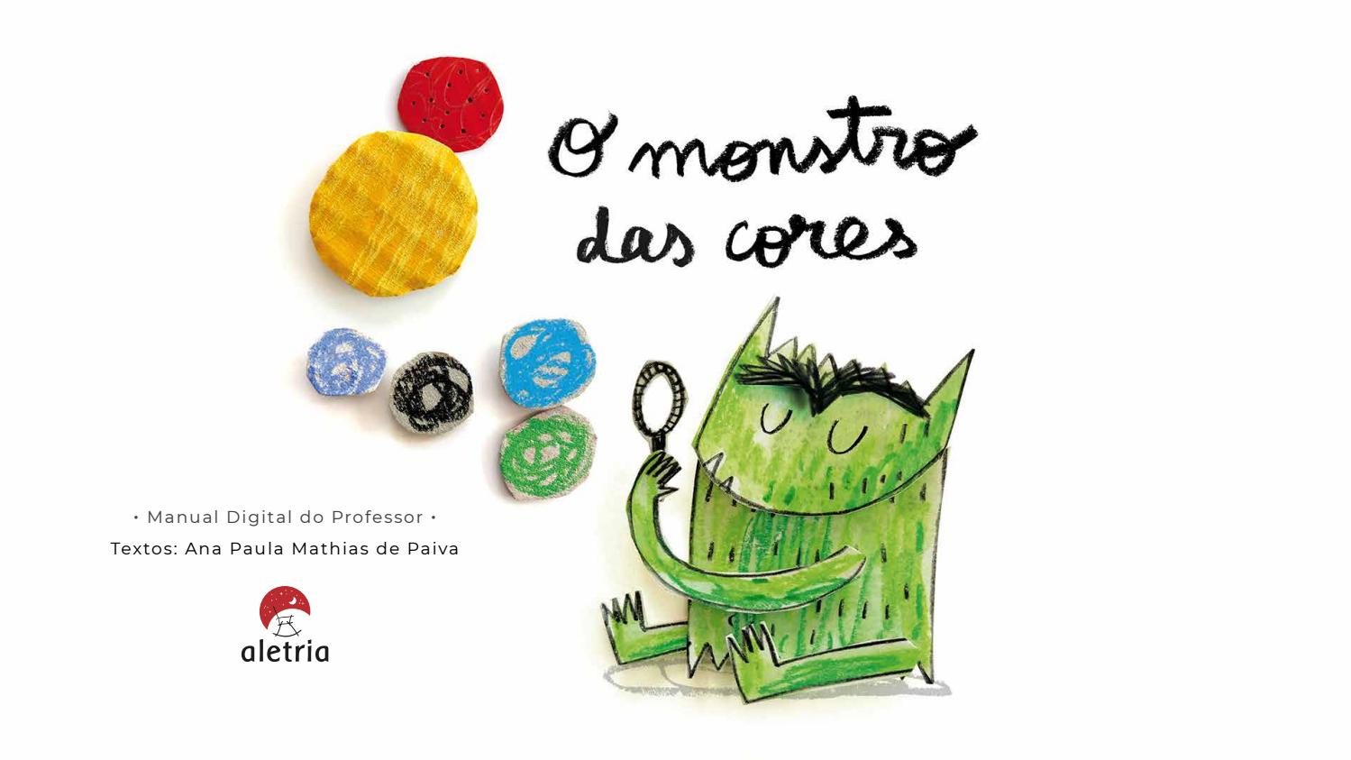 O Monstro das cores (livro em cartão) Capa do manual digital 'O monstro das cores' com ilustração de monstro verde e esferas coloridas