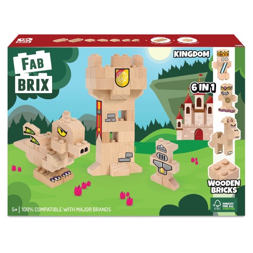 Fab Brix - Reino 94 Peças Brinquedo de blocos de madeira FAB BRIX KINGDOM com figuras de castelo e dragão